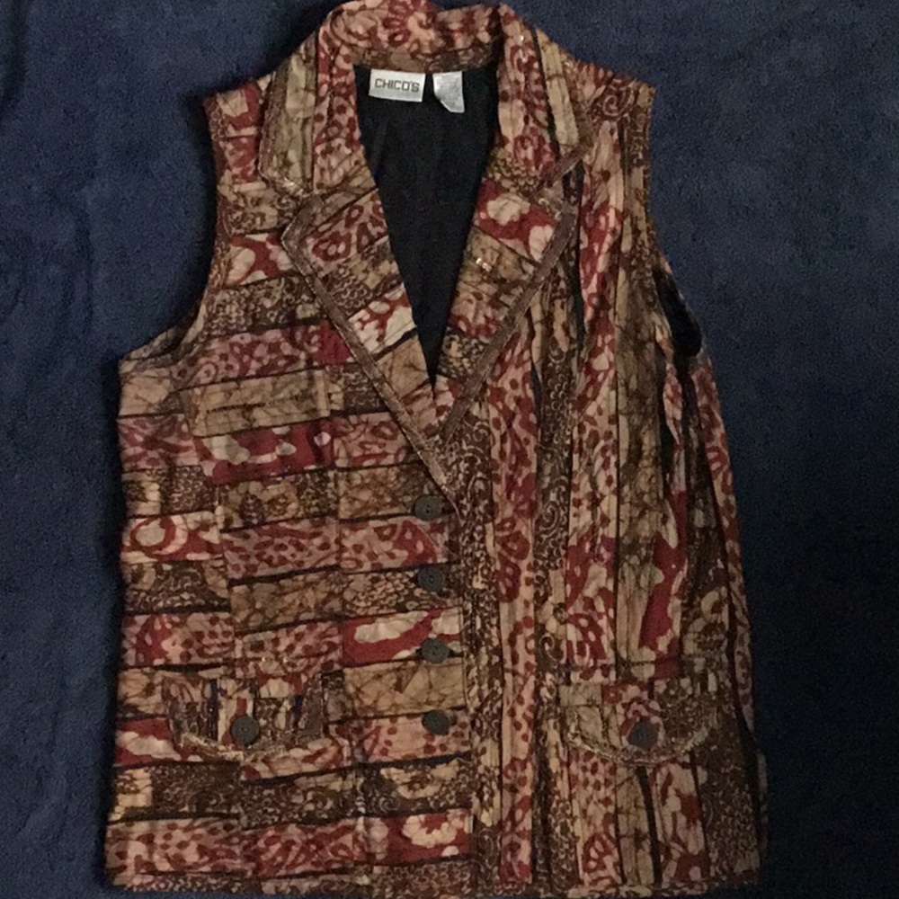 Chico’s, Size 0, button-up Vest, Tan with Brn/Red